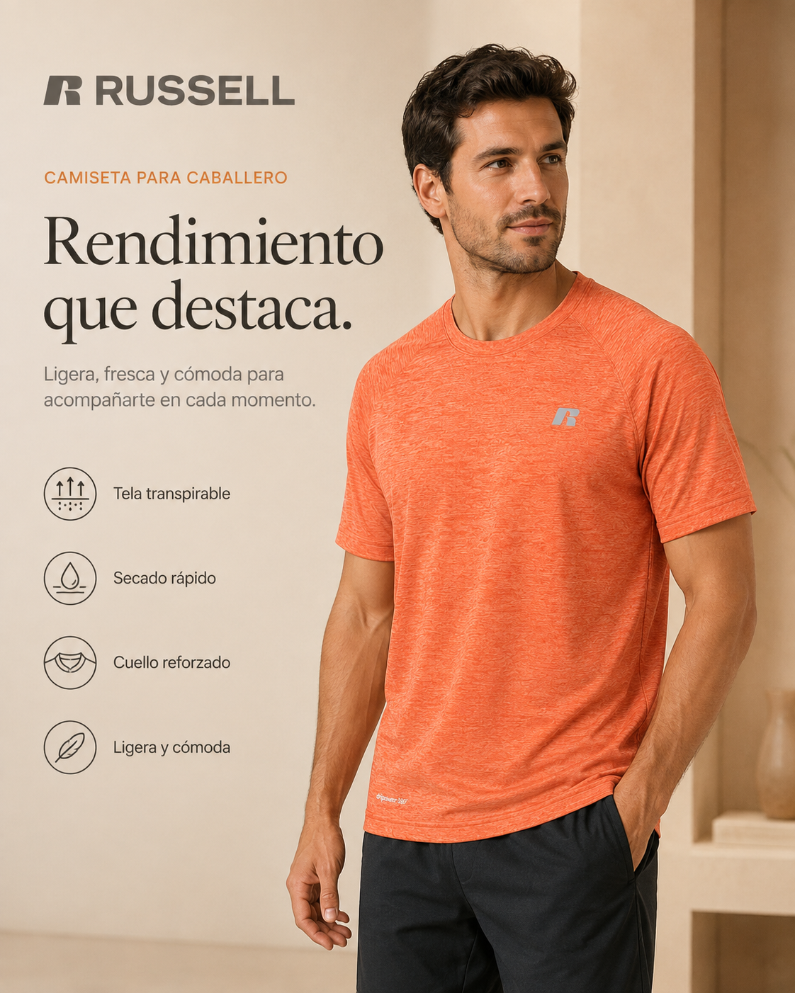 Camisa Deportiva Manga Corta para Caballero | Russell | Naranja