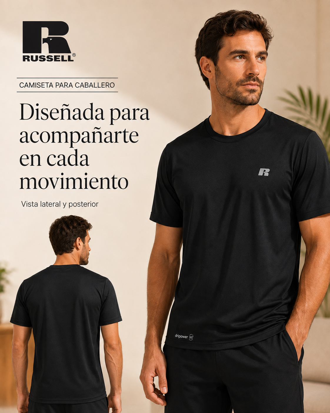 Camisa Deportiva Manga Corta para Caballero | Russell | Negro