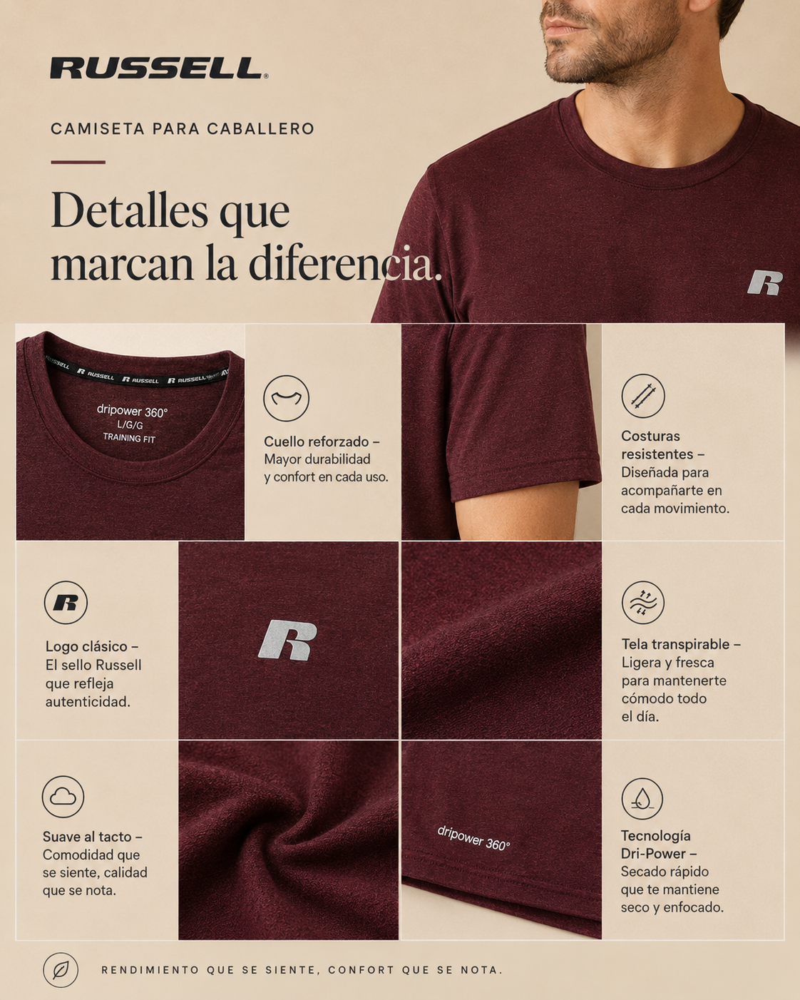Camisa Deportiva Manga Corta para Caballero | Russell | Rojo Sangre