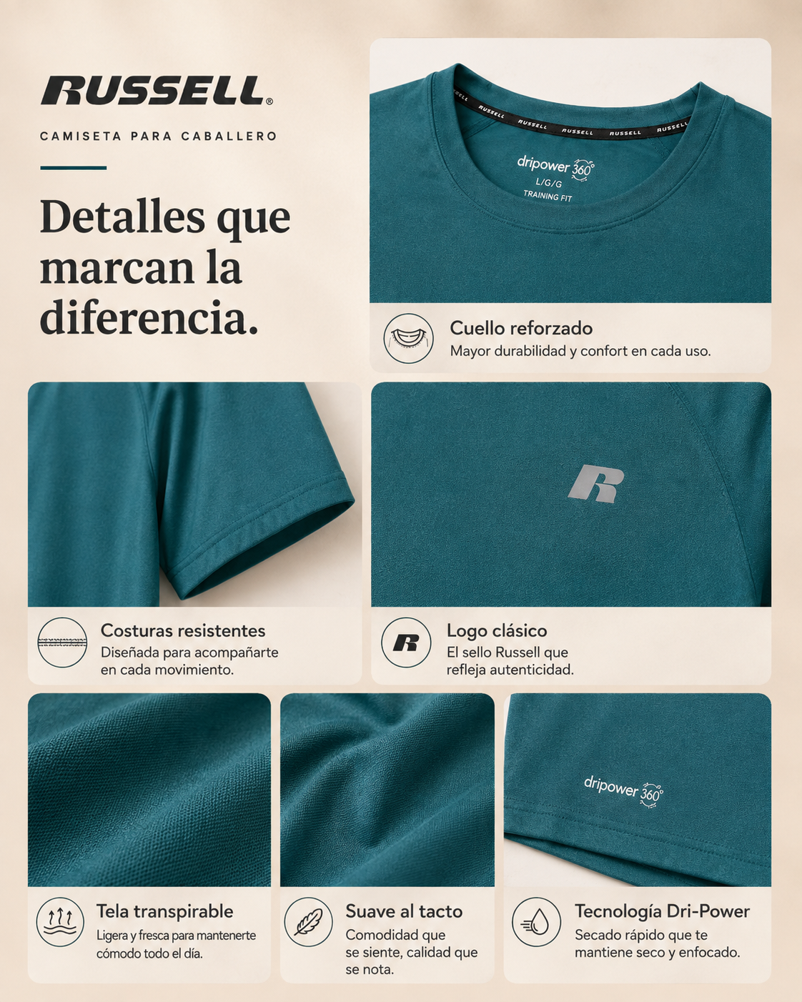 Camisa Deportiva Manga Corta para Caballero | Russell | Verde Esmeralda
