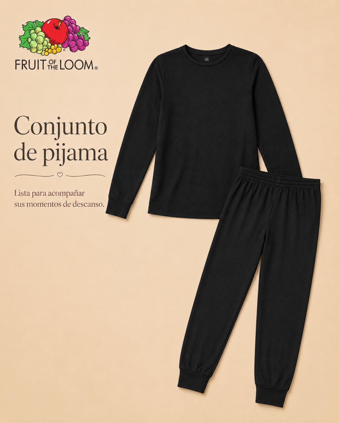 Pijama Manga Larga para Niña | Fruit of the Loom | Negro