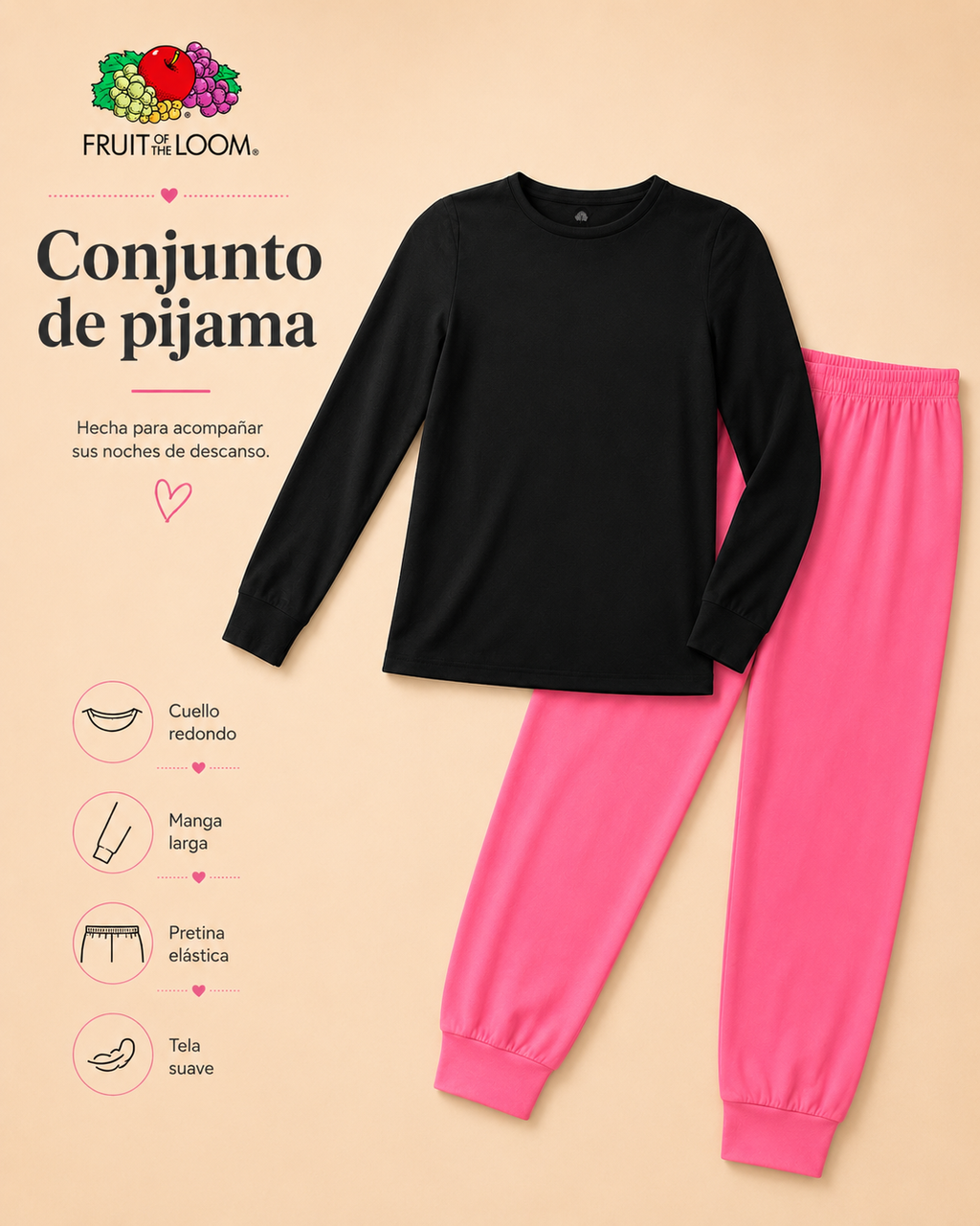 Pijama Manga Larga para Niña | Fruit of the Loom | Negro - Rosa Coral