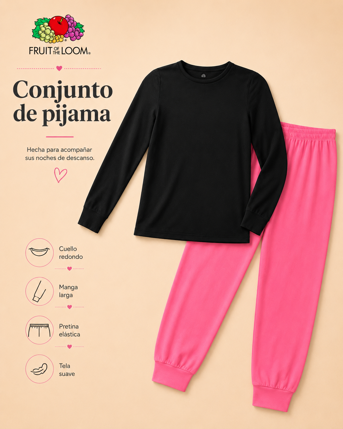 Pijama Manga Larga para Niña | Fruit of the Loom | Negro - Rosa Coral