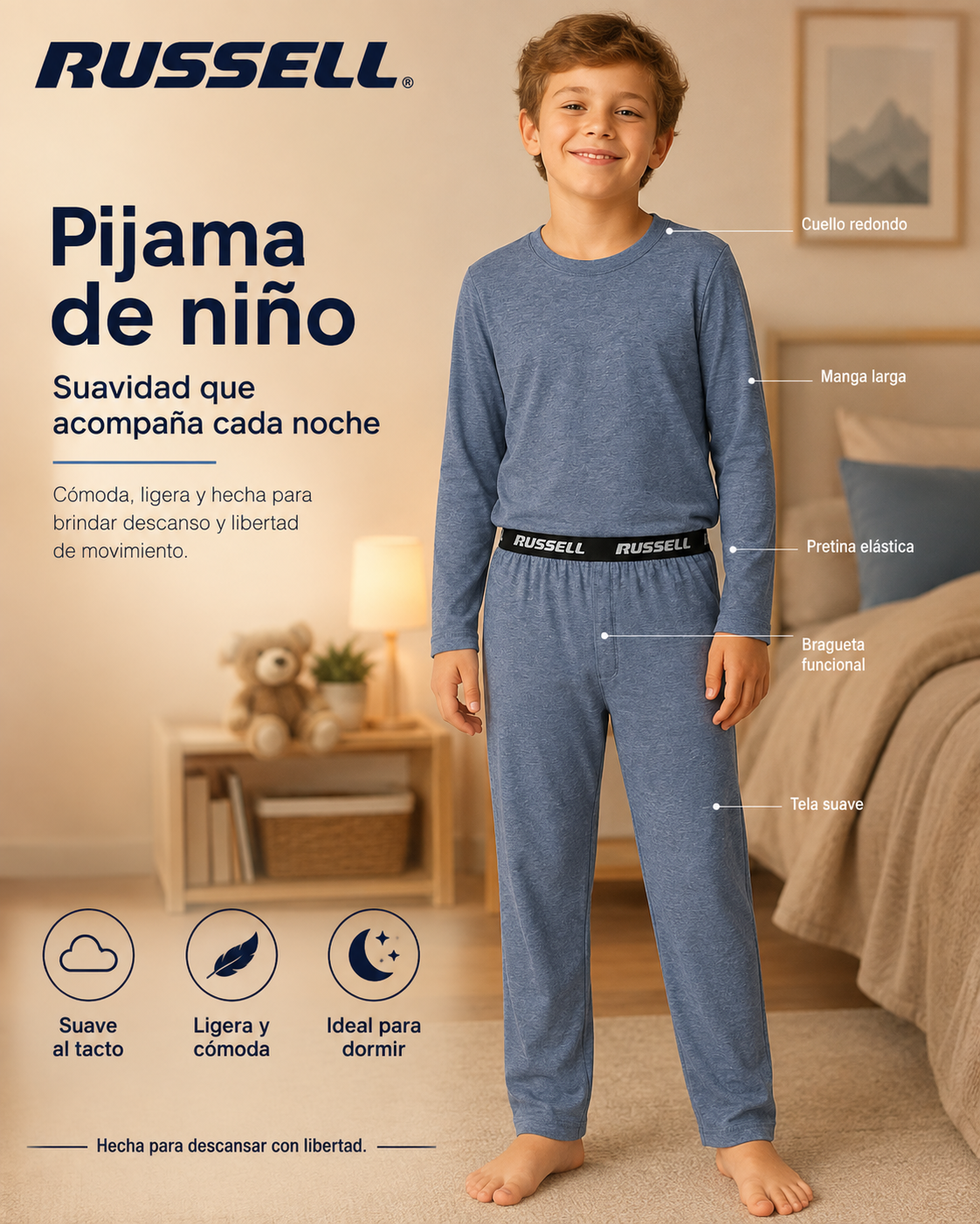 Pijama Manga Larga para Niño | Russell | Azul Jaspeado
