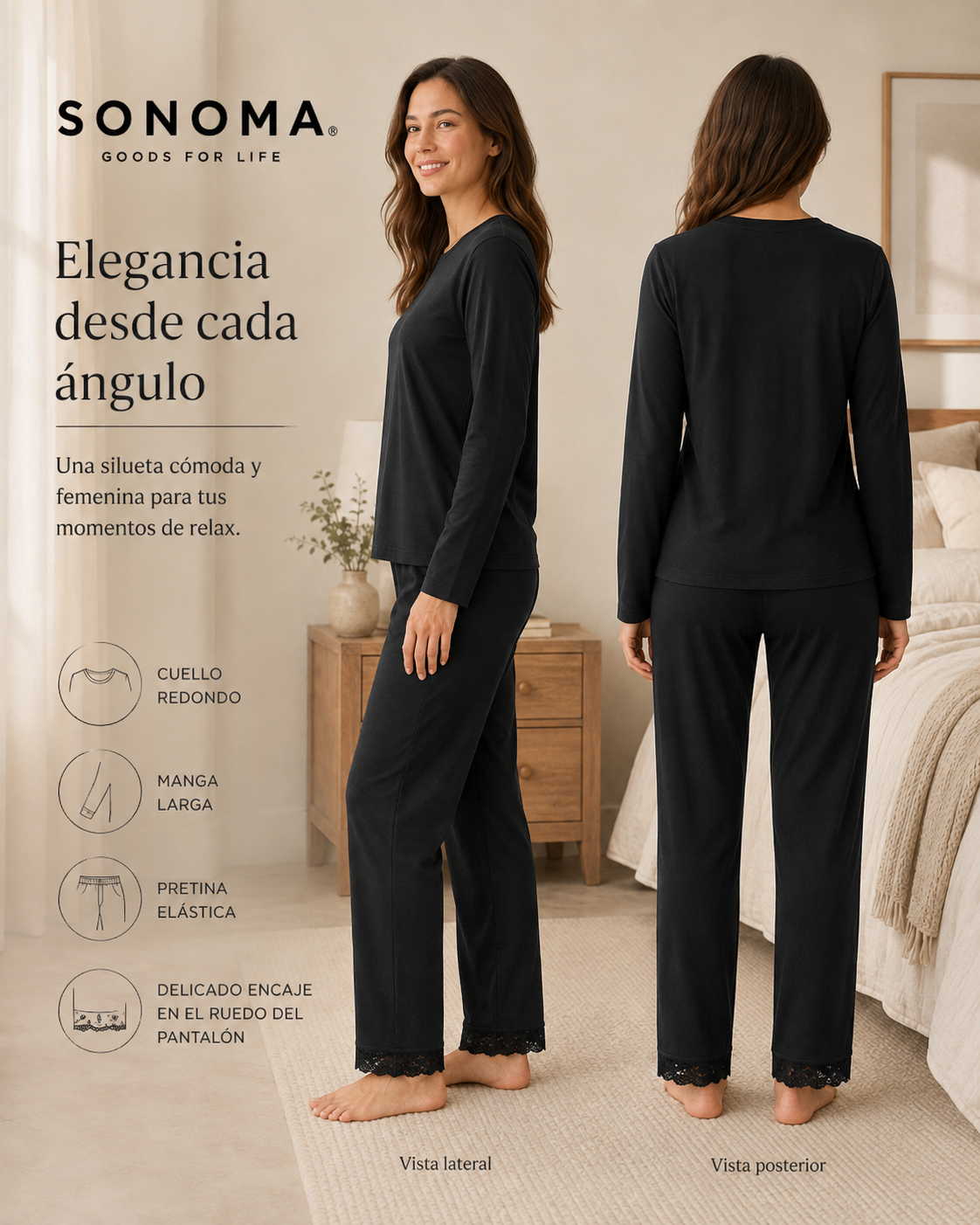 Pijama Manga Larga para Dama | Sonoma | Negro