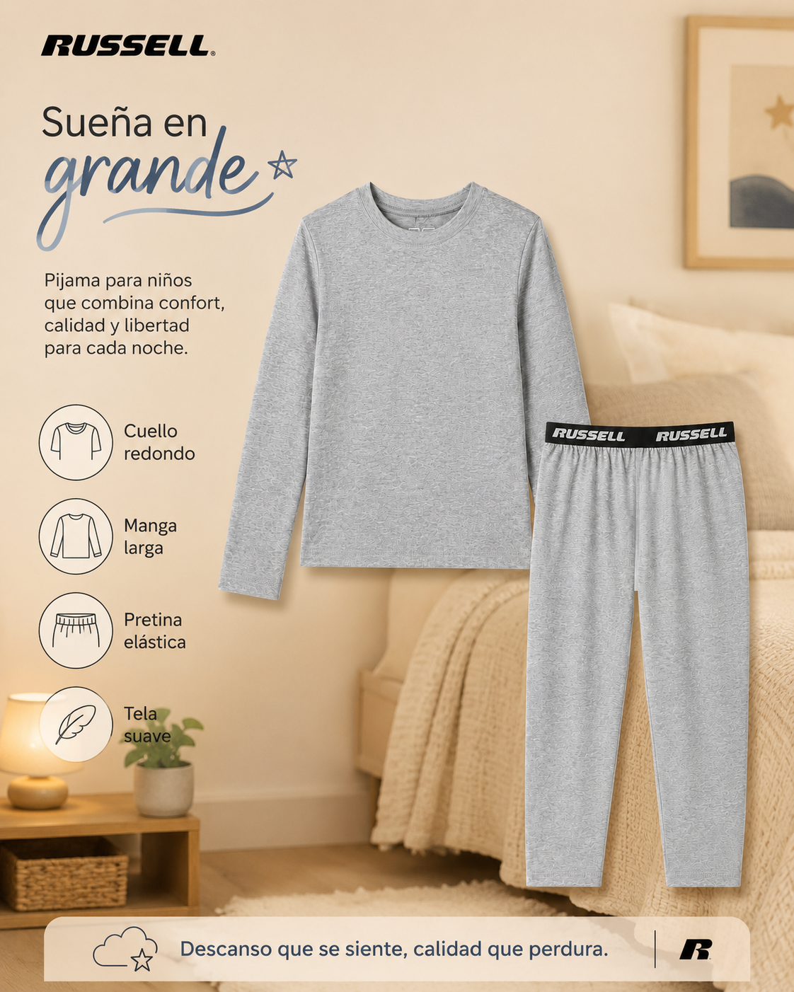 Pijama Manga Larga para Niño | Russell | Gris Claro