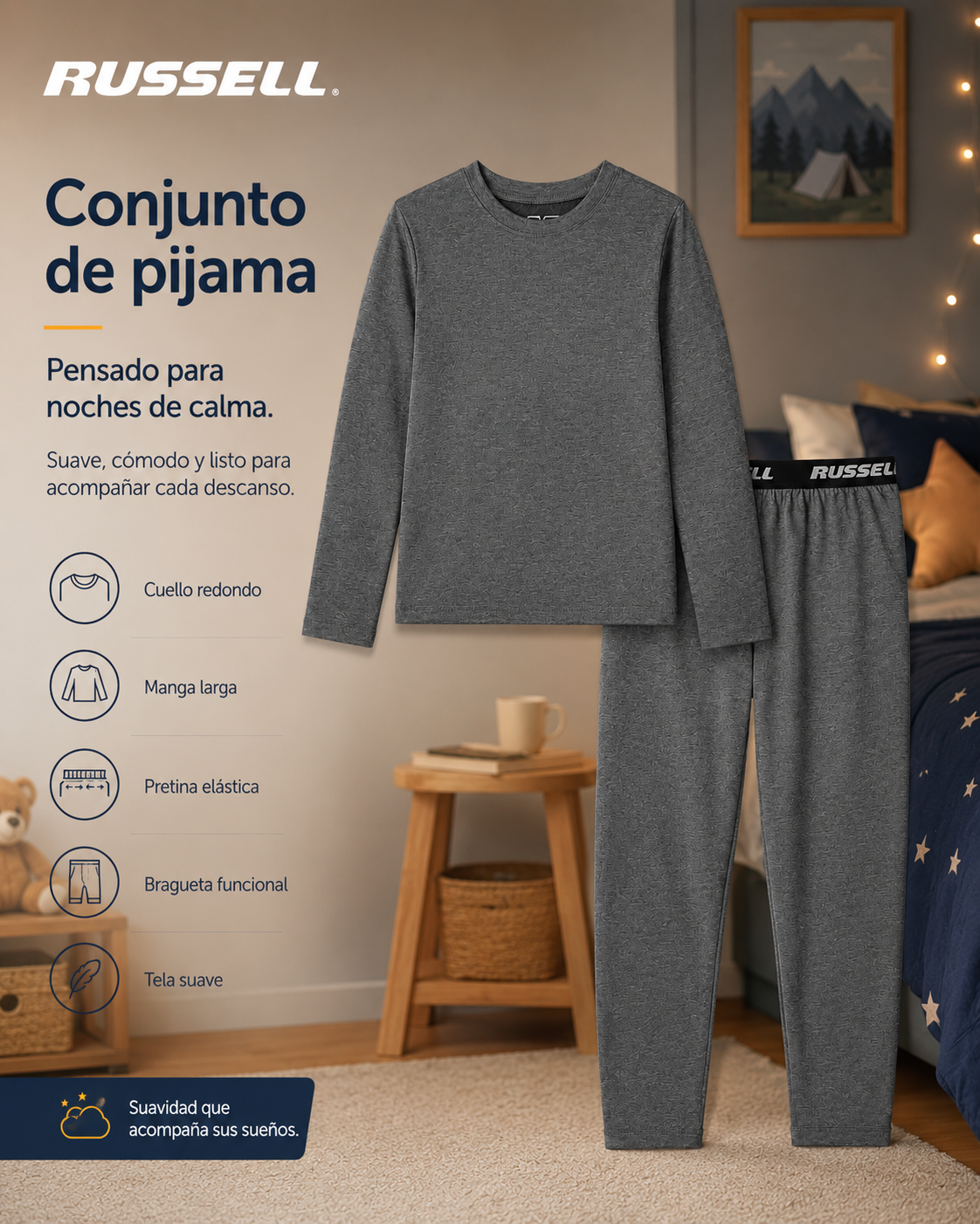 Pijama Manga Larga para Niño | Russell | Gris Oscuro