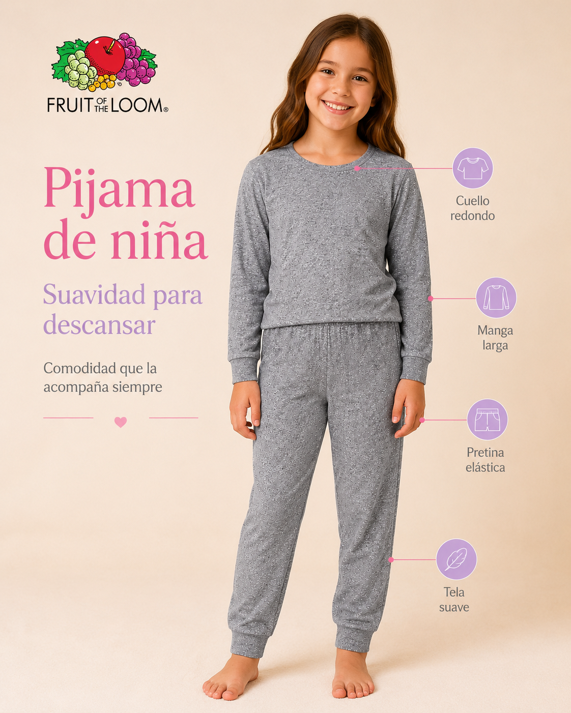 Pijama Manga Larga para Niña | Fruit of the Loom | Gris