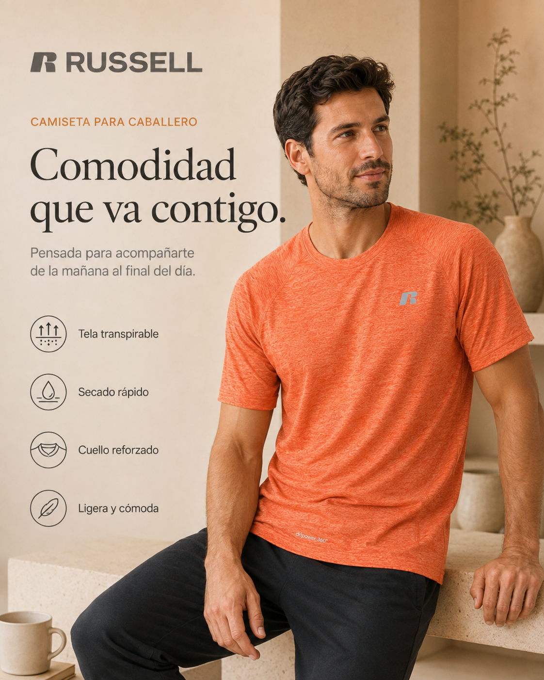 Camisa Deportiva Manga Corta para Caballero | Russell | Naranja