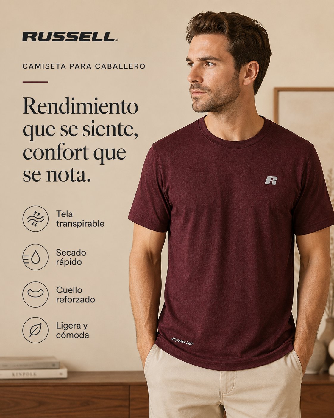 Camisa Deportiva Manga Corta para Caballero | Russell | Rojo Sangre