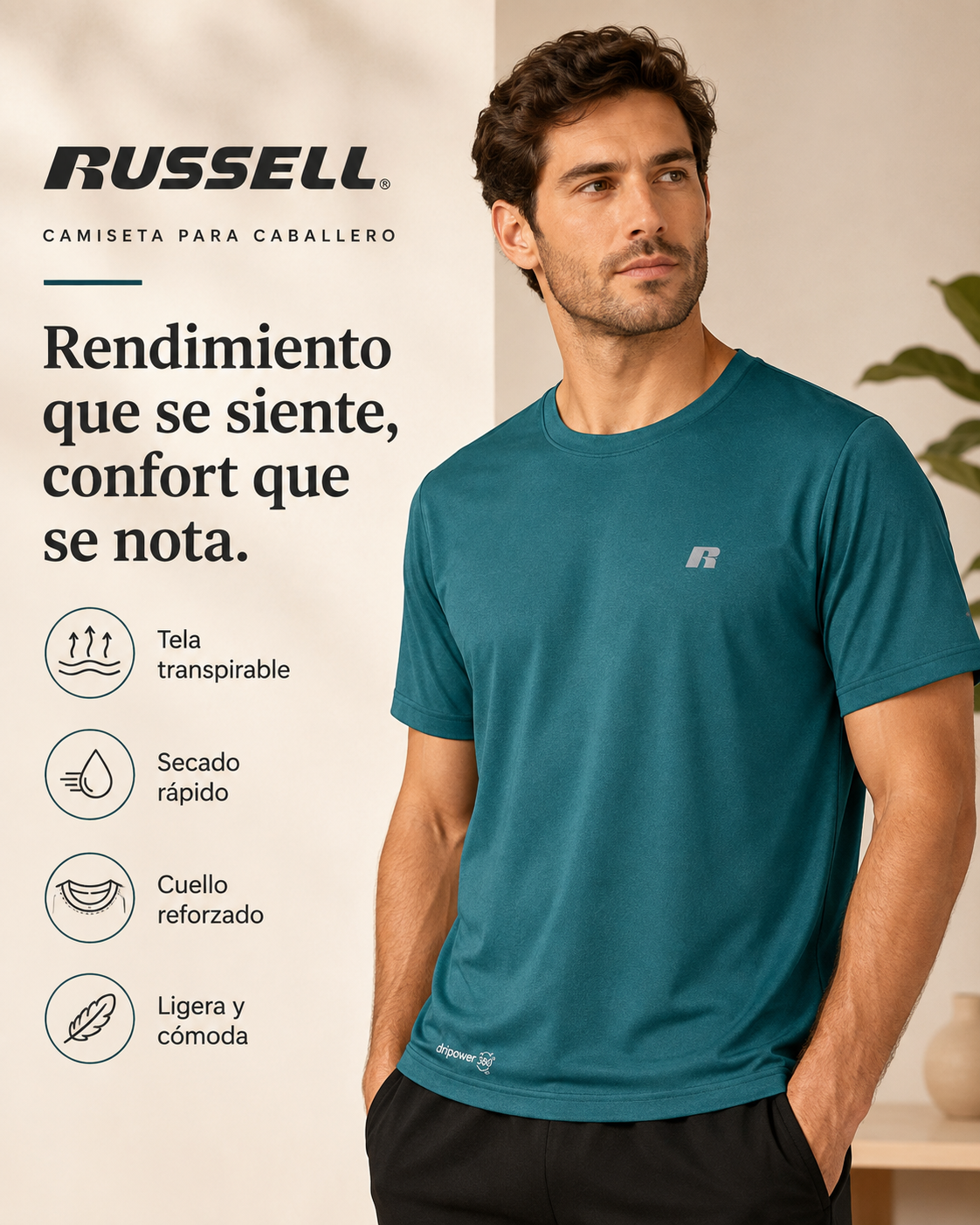 Camisa Deportiva Manga Corta para Caballero | Russell | Verde Esmeralda