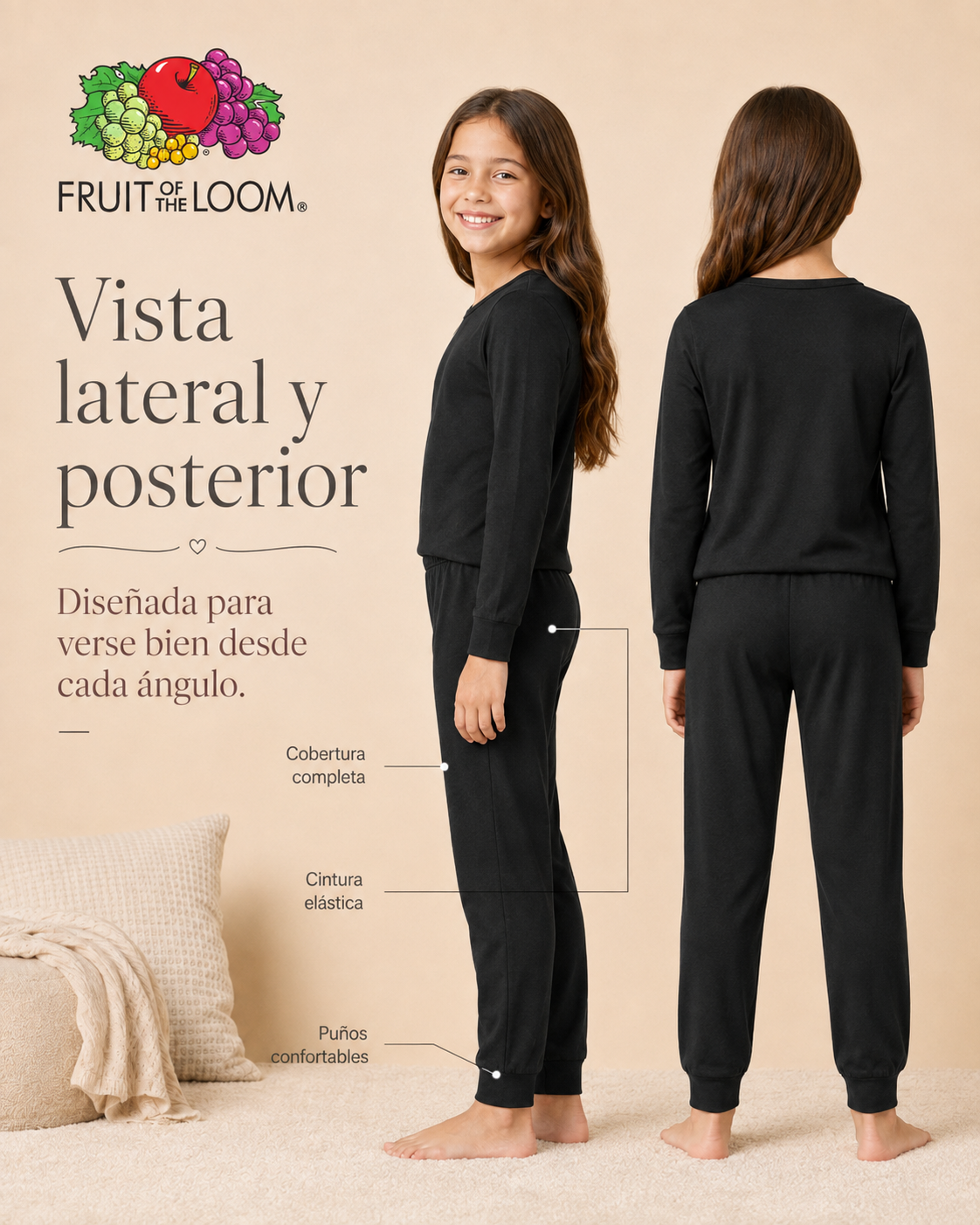 Pijama Manga Larga para Niña | Fruit of the Loom | Negro