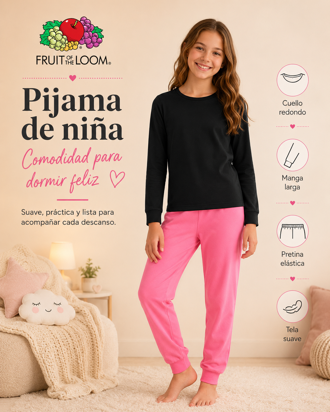 Pijama Manga Larga para Niña | Fruit of the Loom | Negro - Rosa Coral