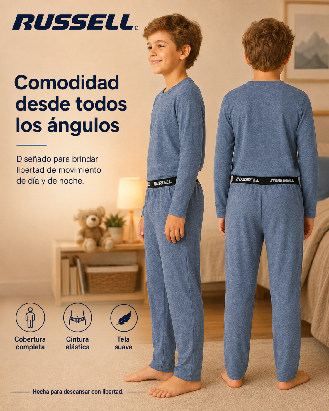 Pijama Manga Larga para Niño | Russell | Azul Jaspeado