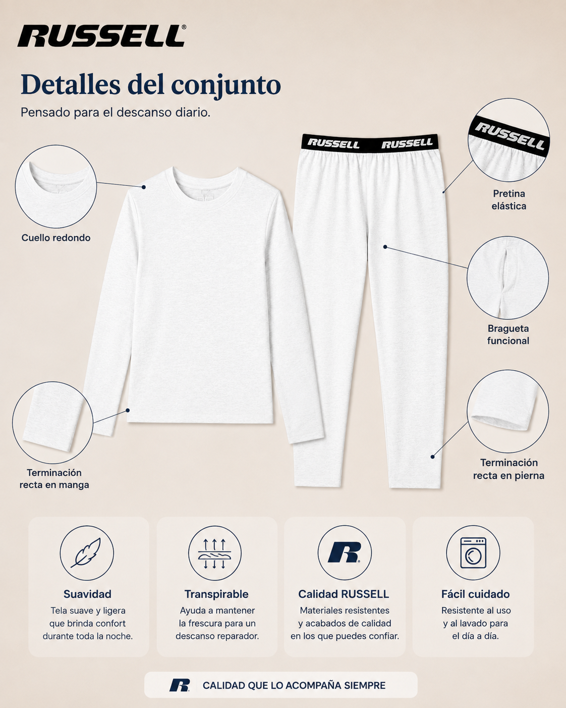 Pijama Manga Larga para Niño | Russell | Blanco