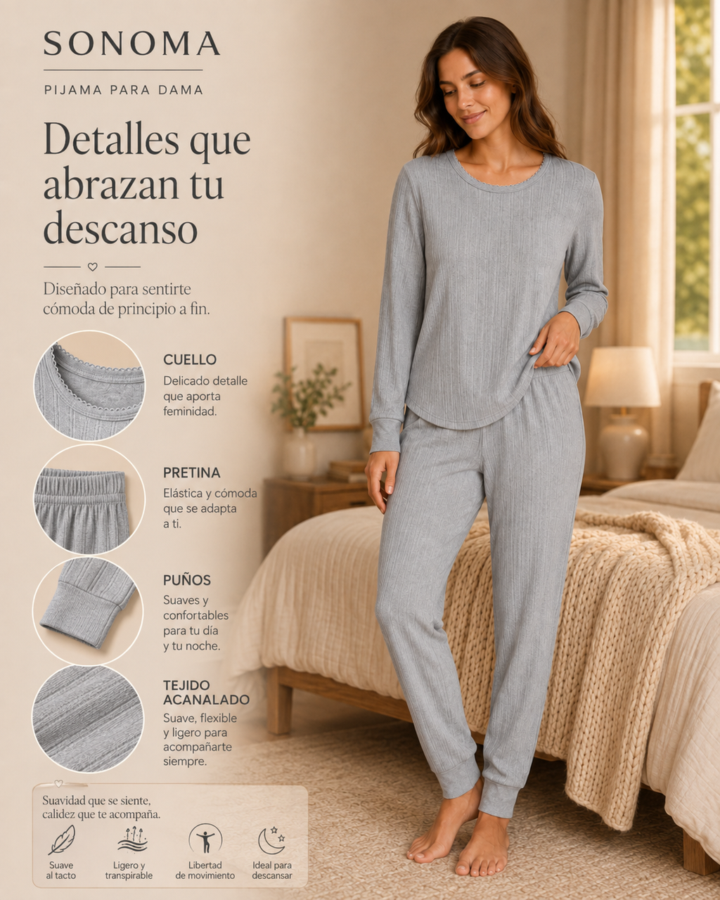 Pijama Manga Larga para Dama | Sonoma | Gris