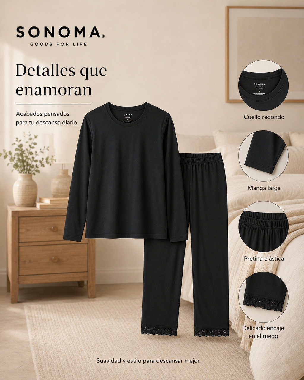 Pijama Manga Larga para Dama | Sonoma | Negro