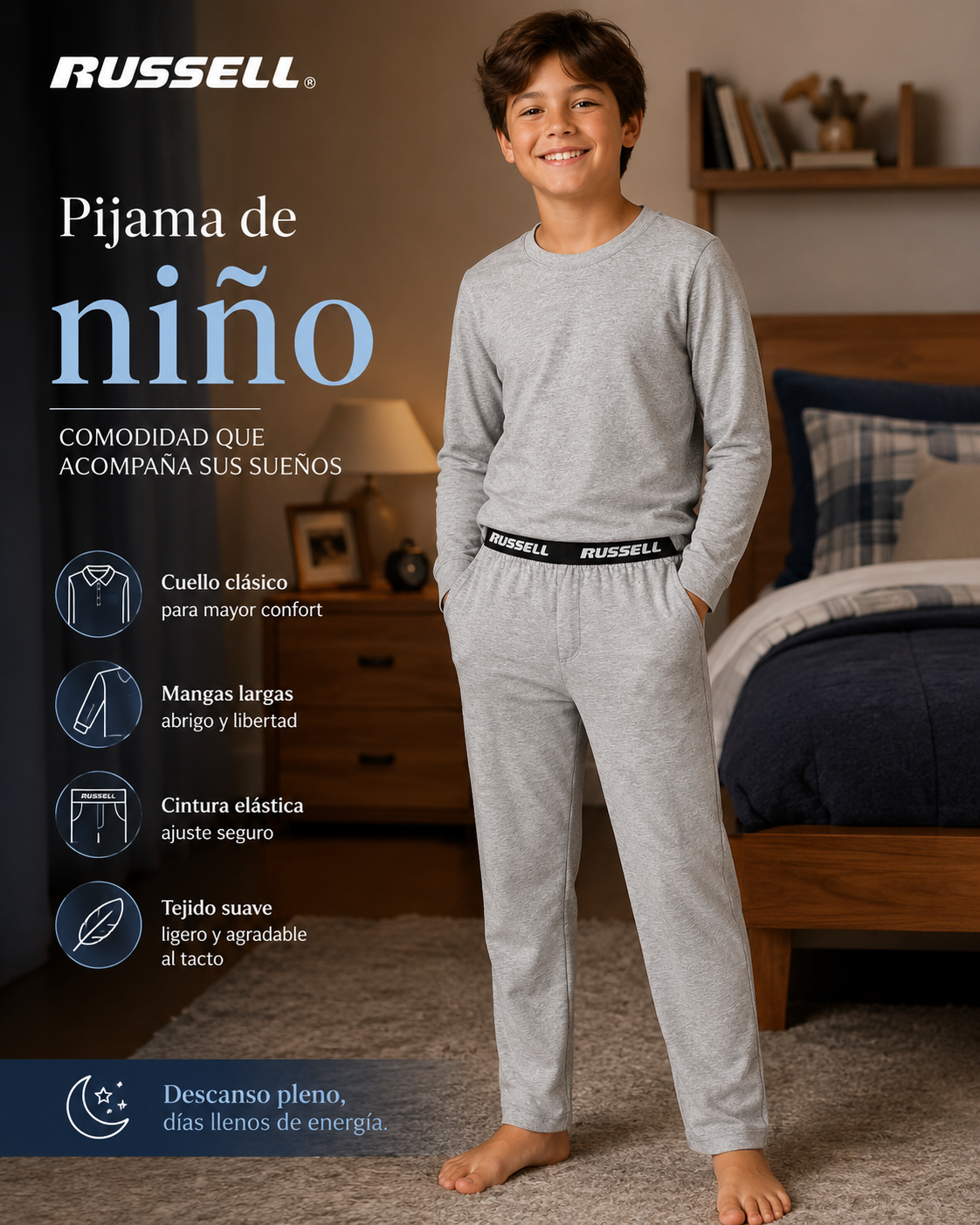 Pijama Manga Larga para Niño | Russell | Gris Claro