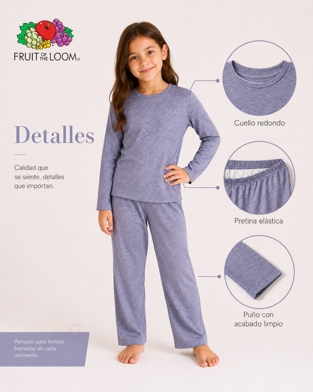 Pijama Manga Larga para Niña | Fruit of the Loom | Lila Grisáceo
