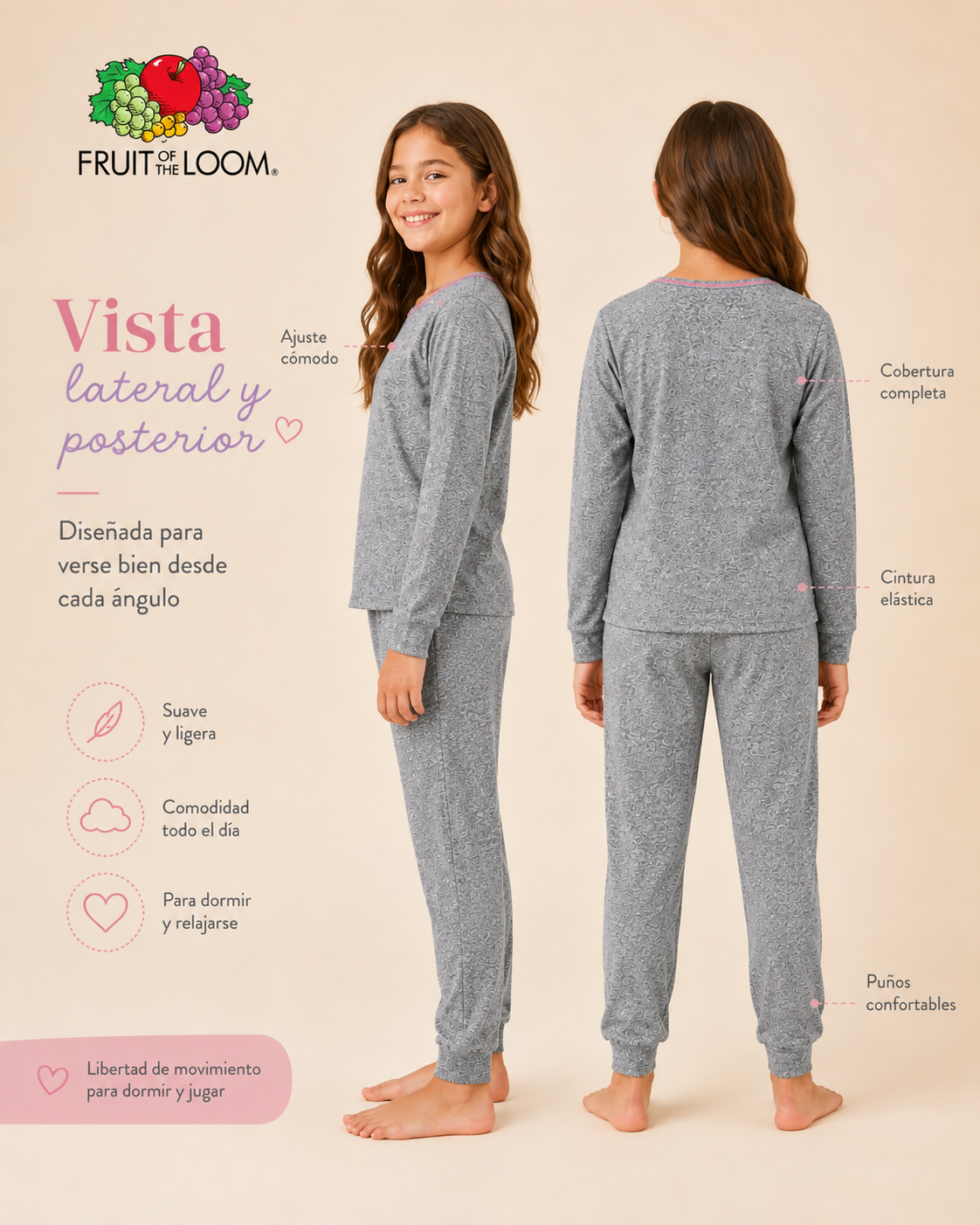 Pijama Manga Larga para Niña | Fruit of the Loom | Gris Jaspeado