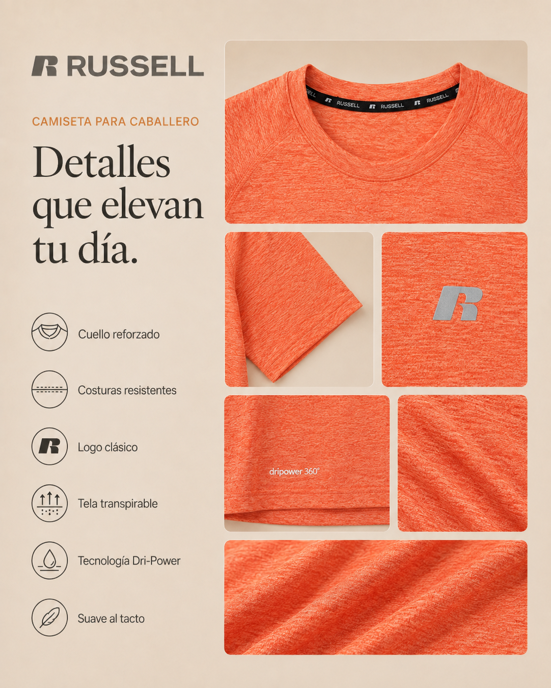 Camisa Deportiva Manga Corta para Caballero | Russell | Naranja