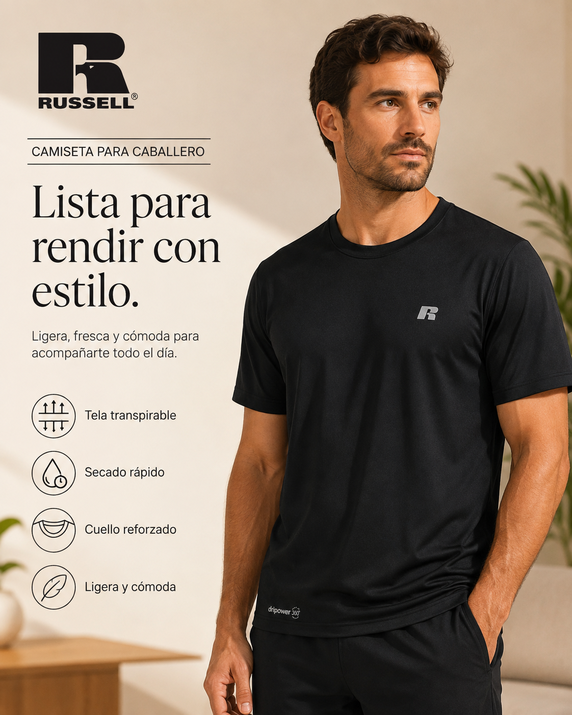 Camisa Deportiva Manga Corta para Caballero | Russell | Negro