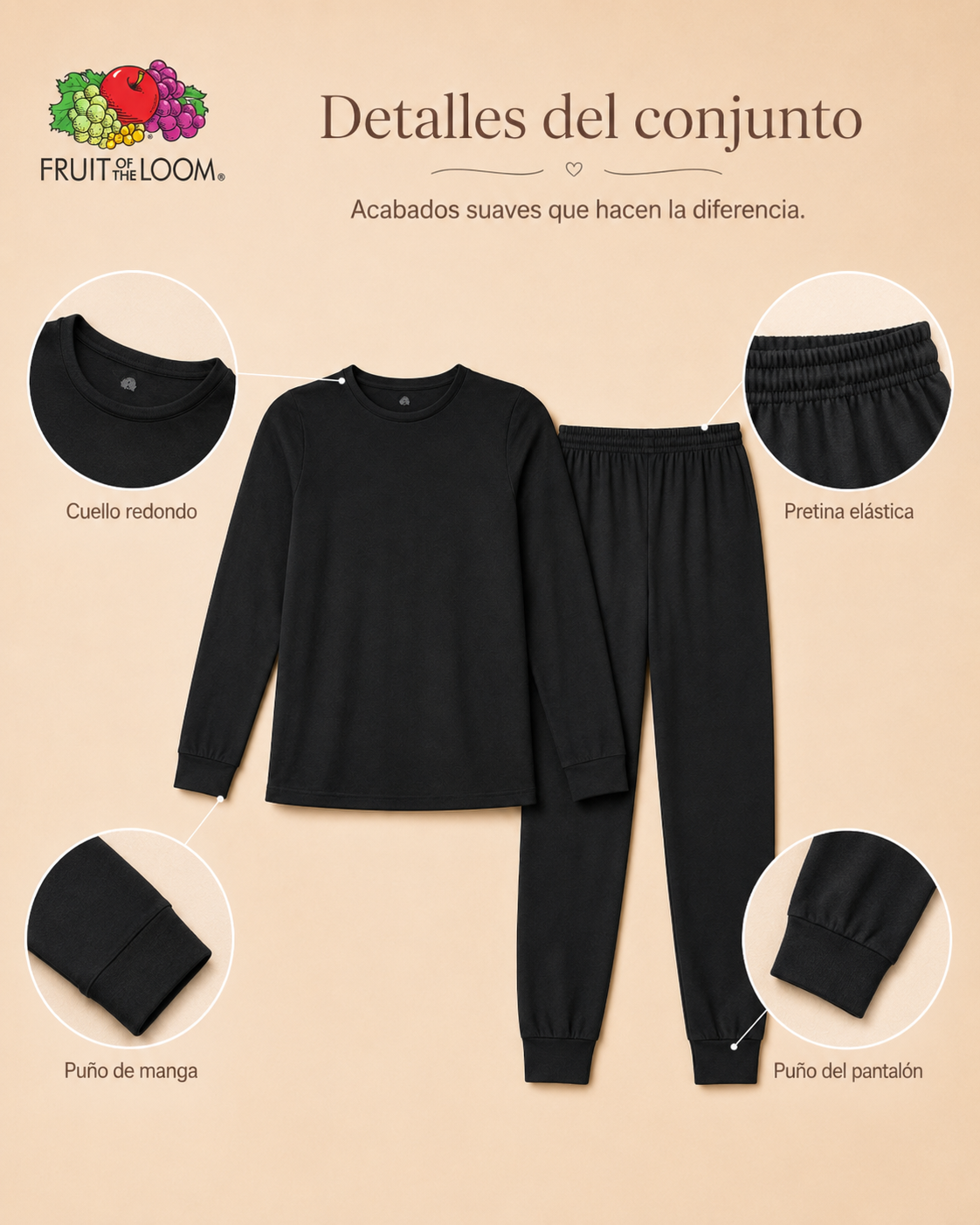 Pijama Manga Larga para Niña | Fruit of the Loom | Negro