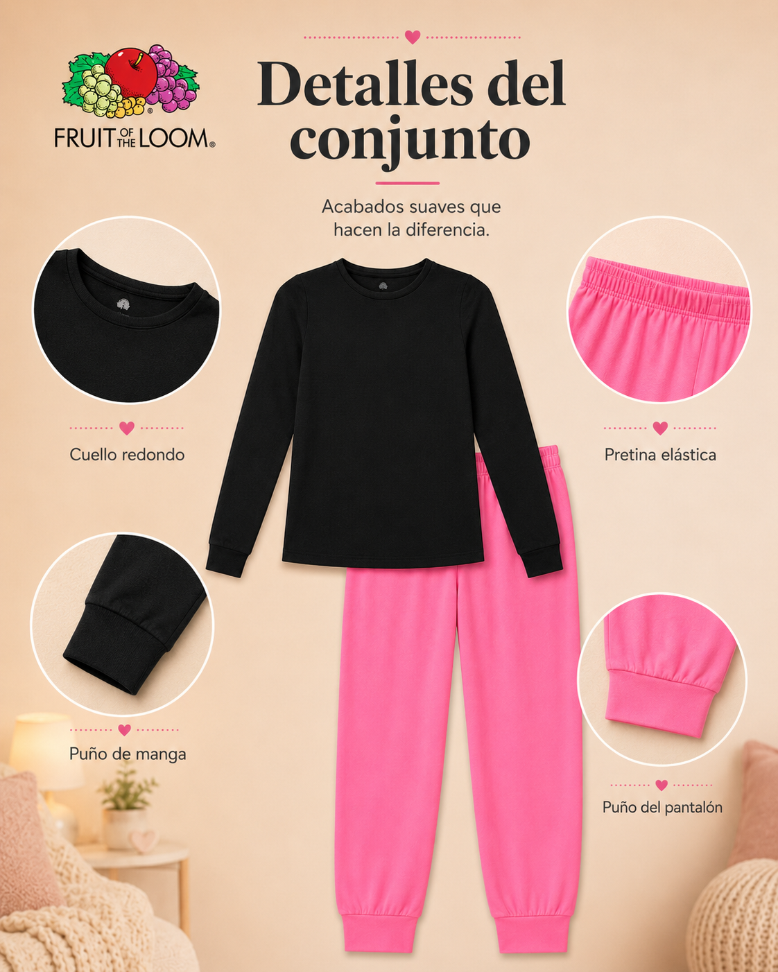 Pijama Manga Larga para Niña | Fruit of the Loom | Negro - Rosa Coral