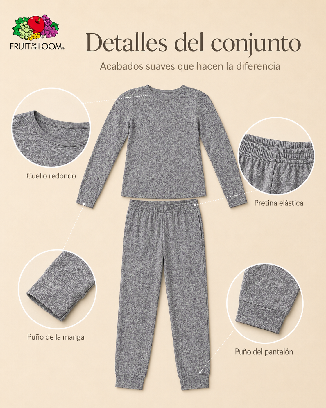 Pijama Manga Larga para Niña | Fruit of the Loom | Gris