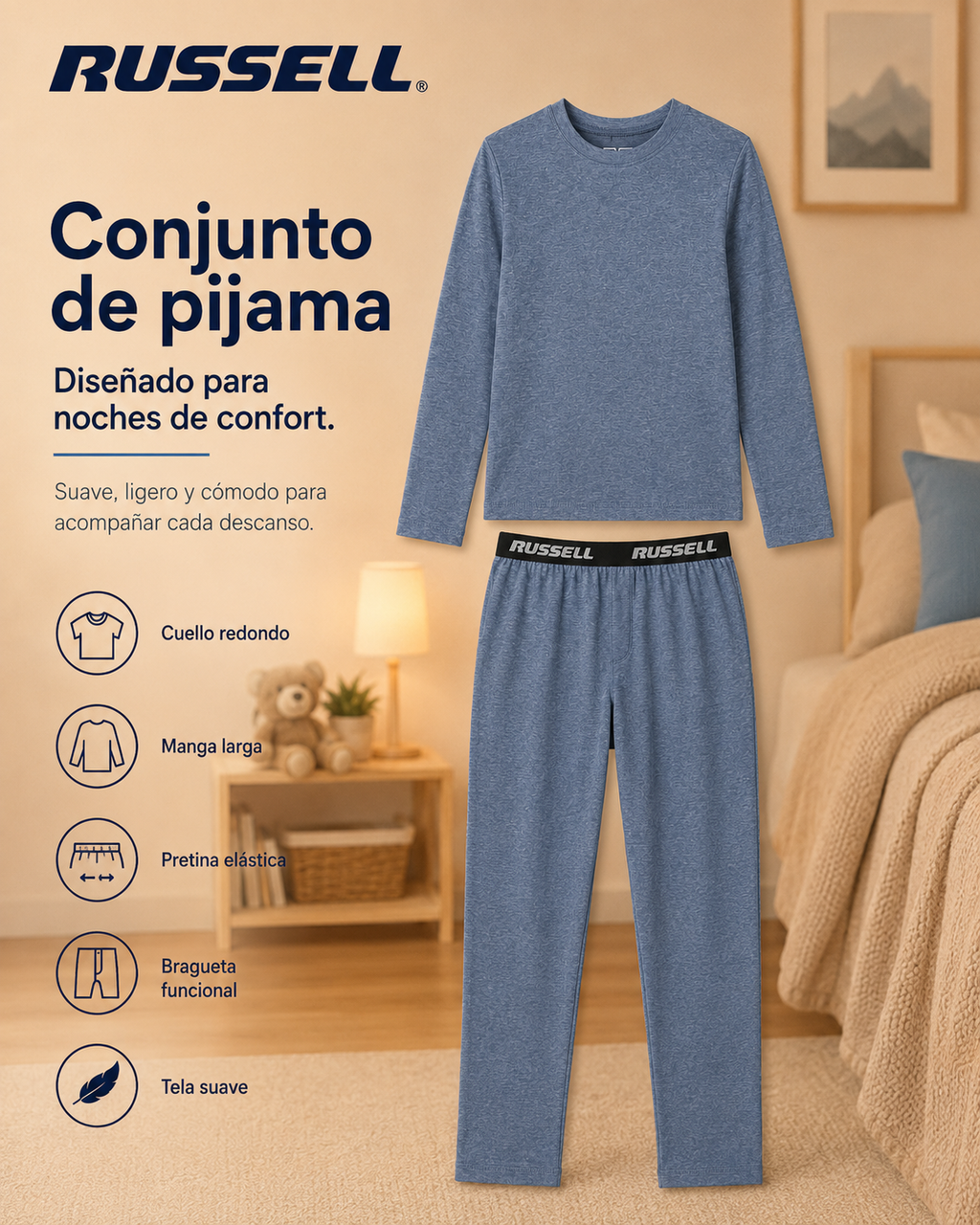 Pijama Manga Larga para Niño | Russell | Azul Jaspeado