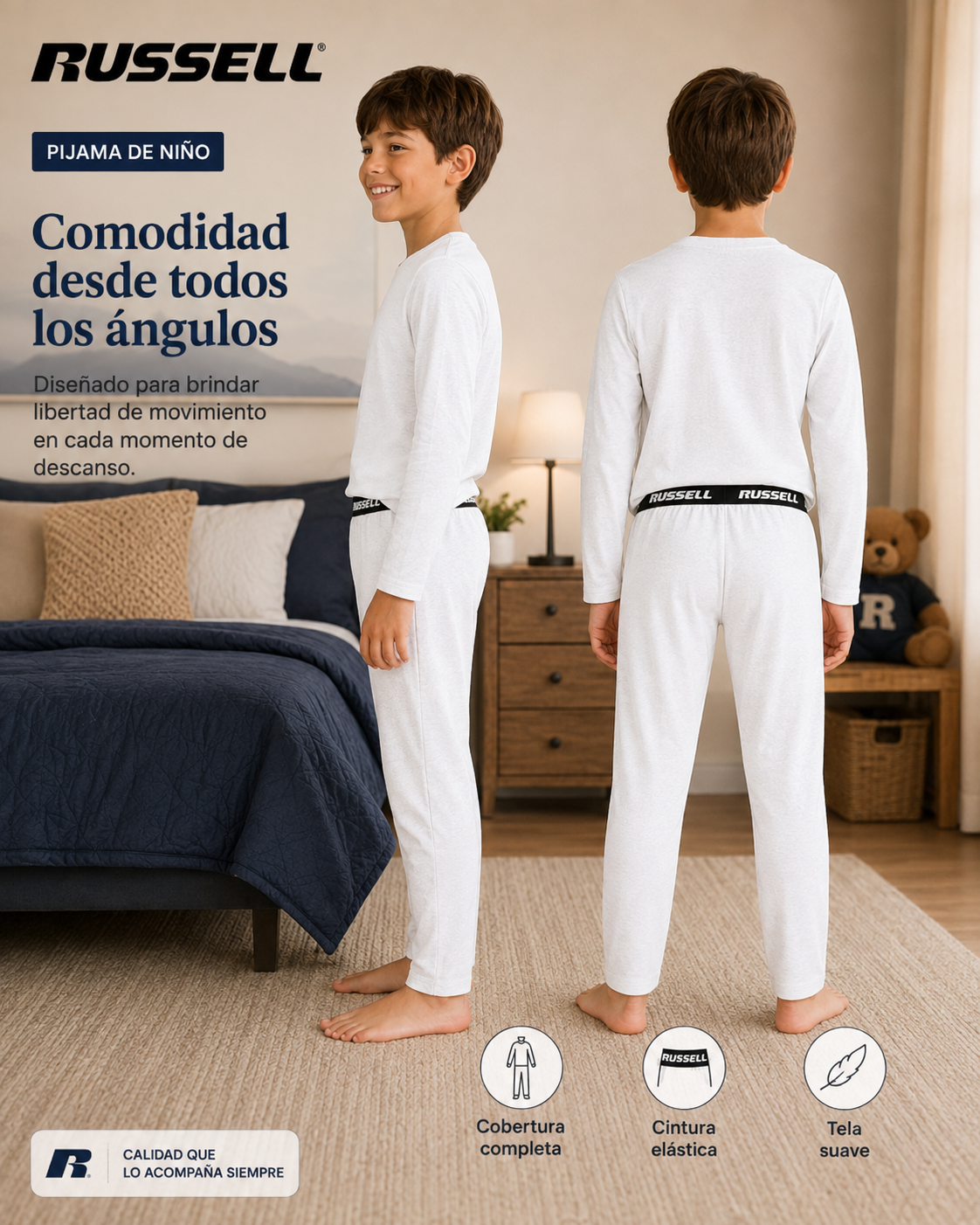 Pijama Manga Larga para Niño | Russell | Blanco