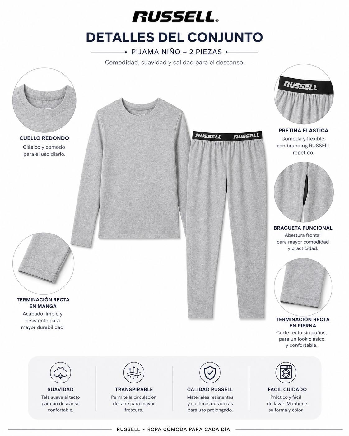 Pijama Manga Larga para Niño | Russell | Gris Claro