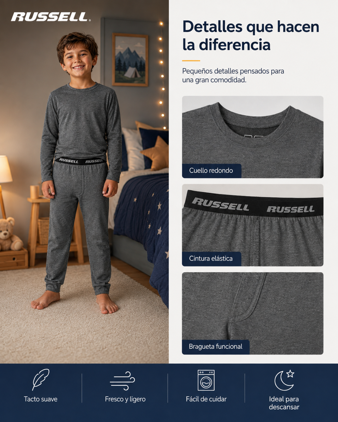 Pijama Manga Larga para Niño | Russell | Gris Oscuro