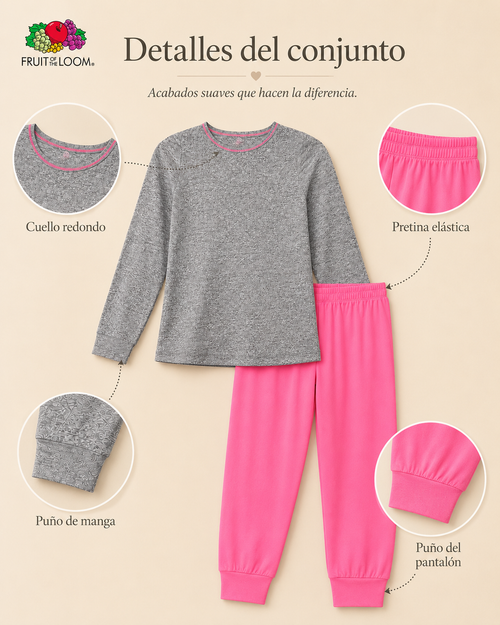 Pijama Manga Larga para Niña | Fruit of the Loom | Gris Jaspeado-Rosa Coral