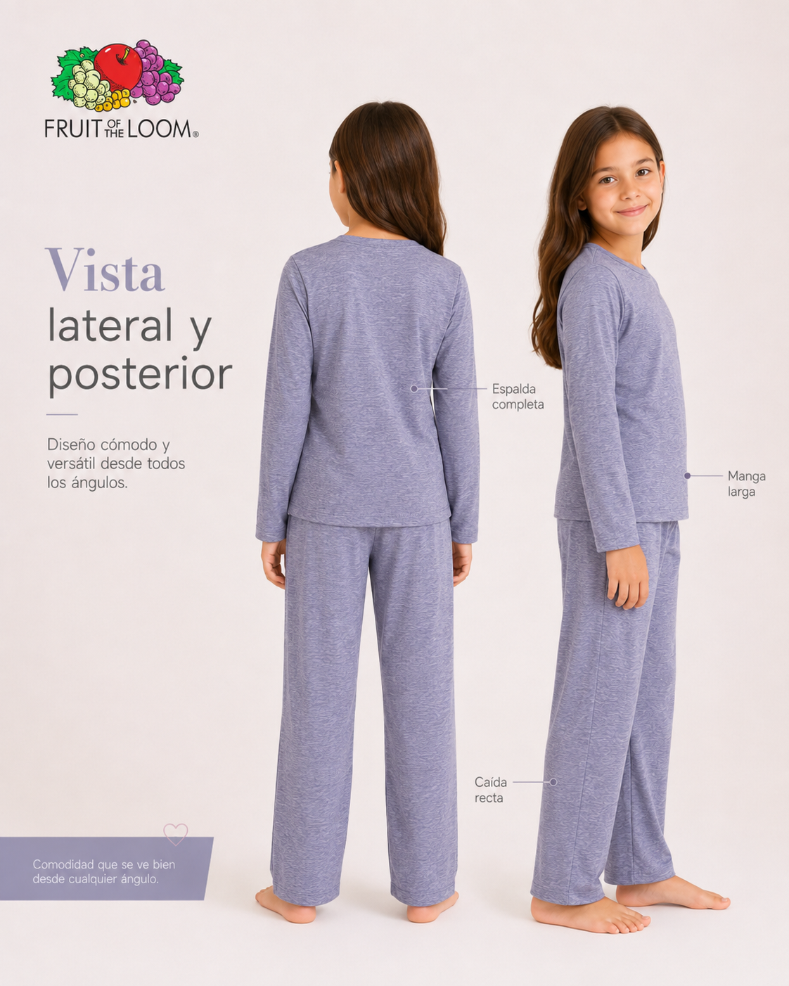 Pijama Manga Larga para Niña | Fruit of the Loom | Lila Grisáceo