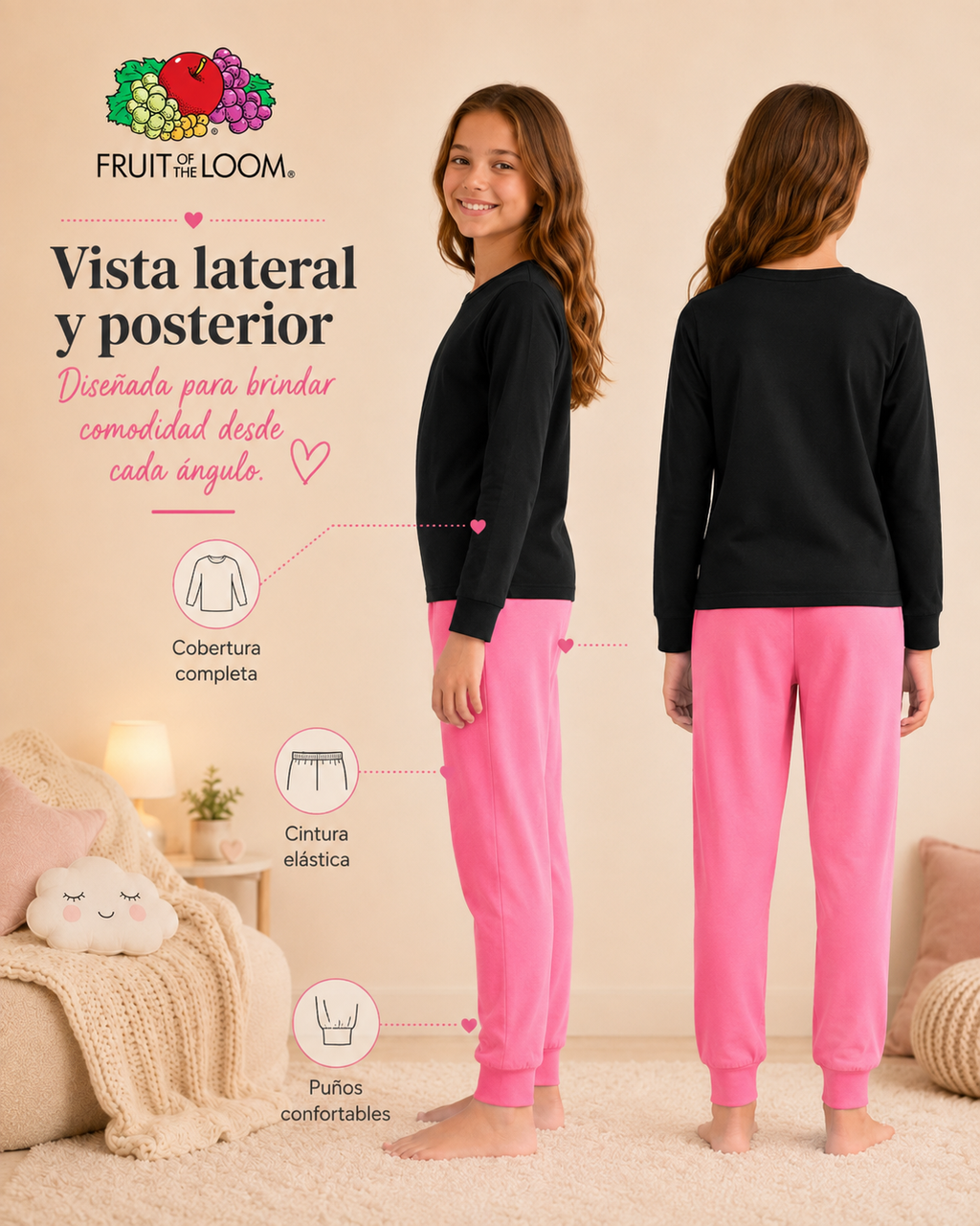 Pijama Manga Larga para Niña | Fruit of the Loom | Negro - Rosa Coral