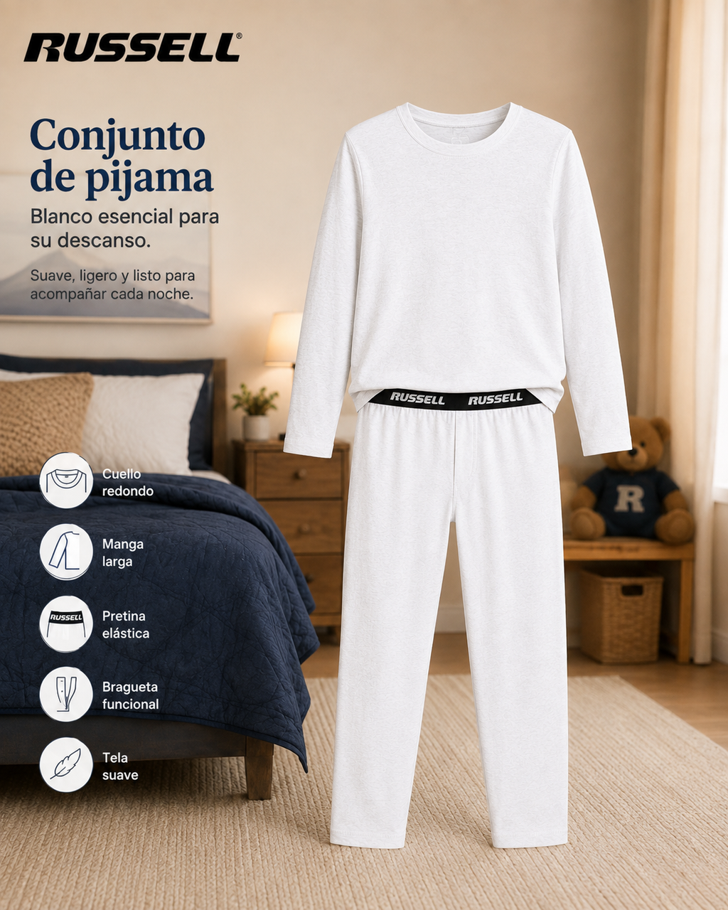 Pijama Manga Larga para Niño | Russell | Blanco