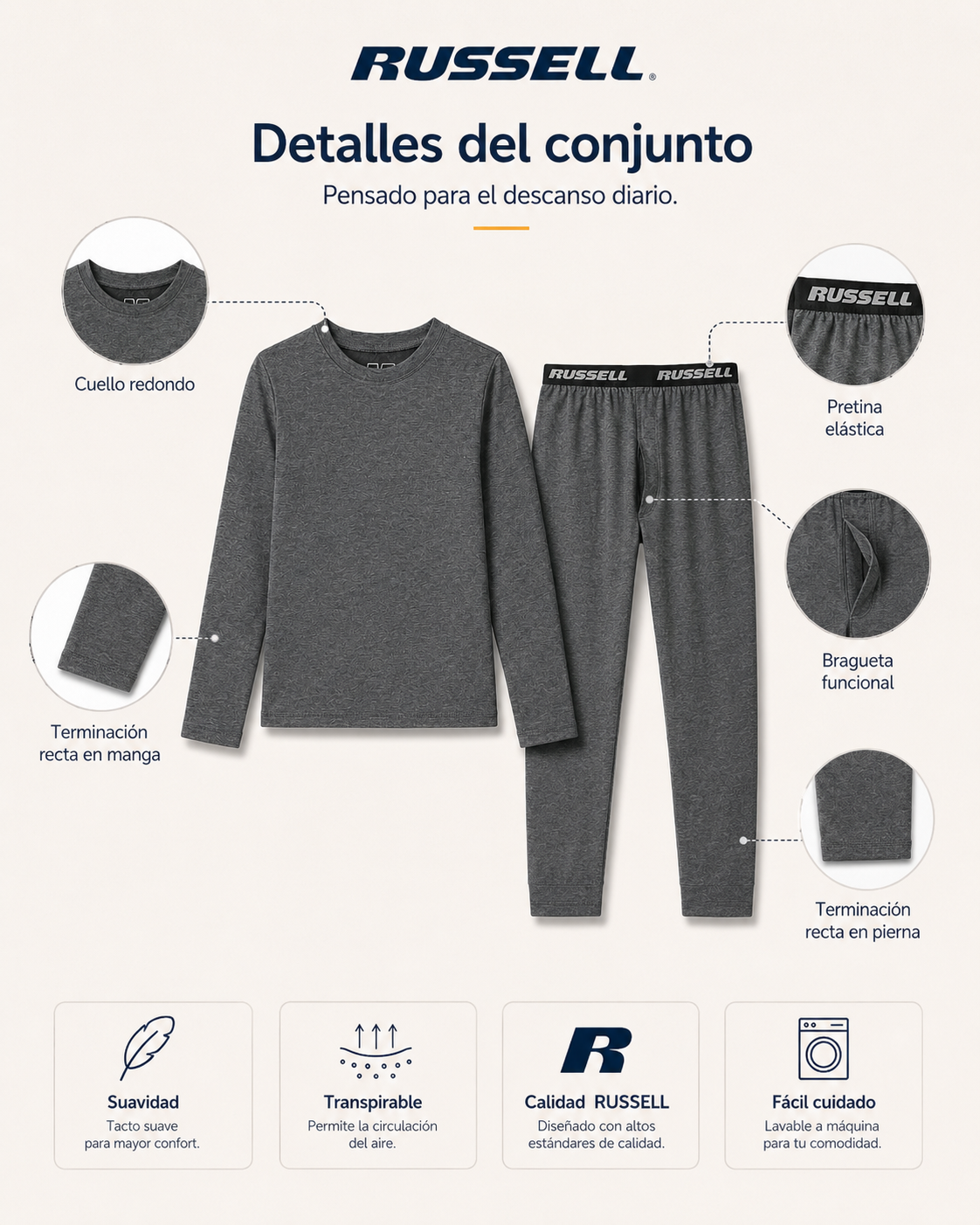 Pijama Manga Larga para Niño | Russell | Gris Oscuro
