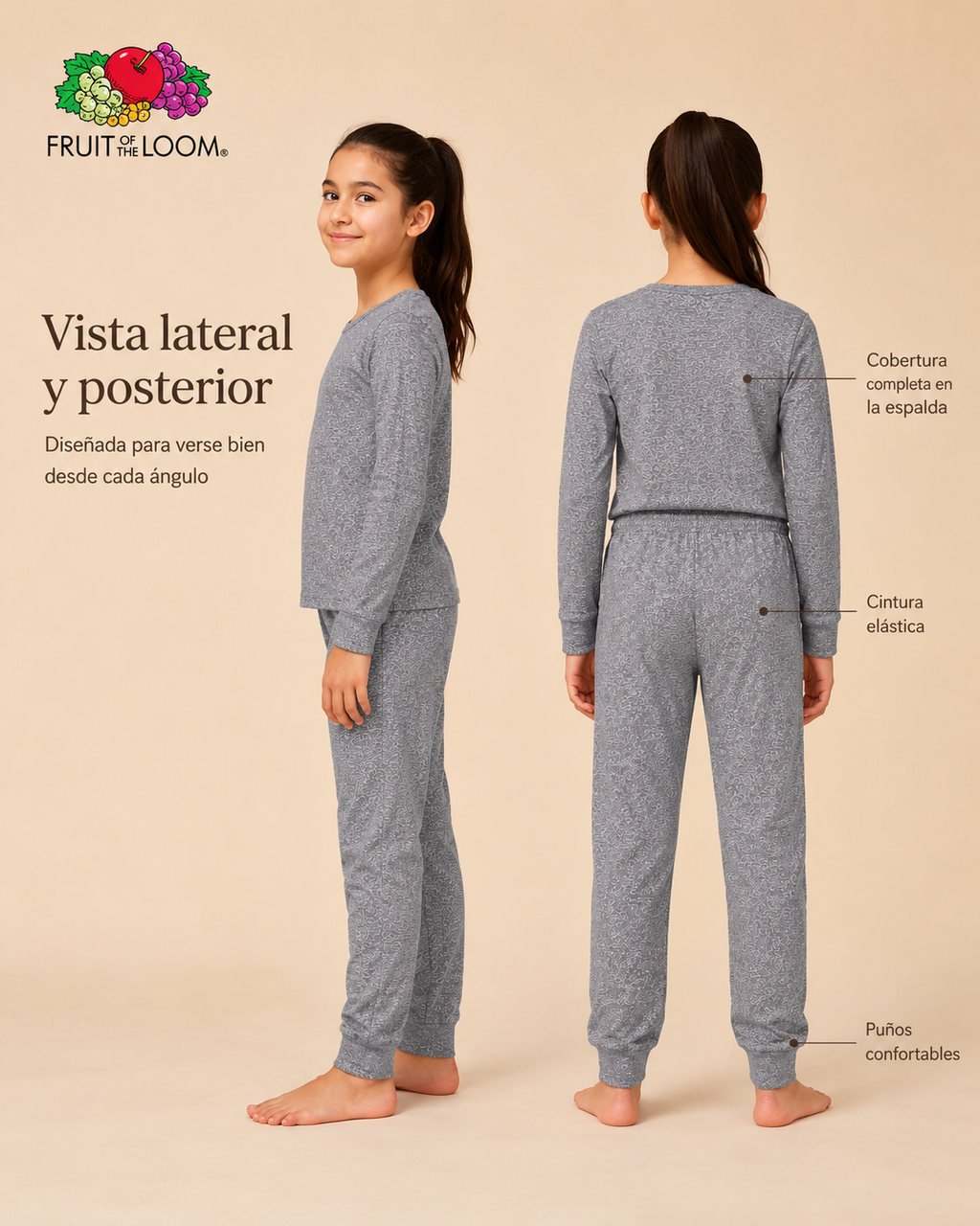 Pijama Manga Larga para Niña | Fruit of the Loom | Gris