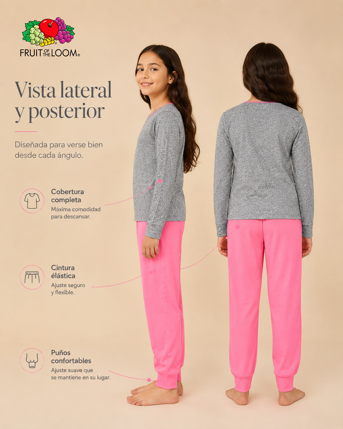 Pijama Manga Larga para Niña | Fruit of the Loom | Gris Jaspeado-Rosa Coral