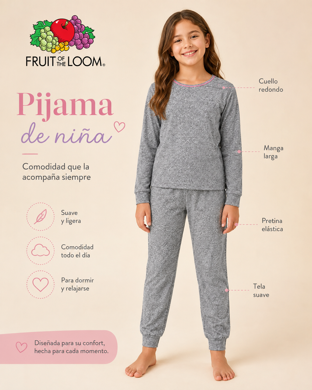 Pijama Manga Larga para Niña | Fruit of the Loom | Gris Jaspeado