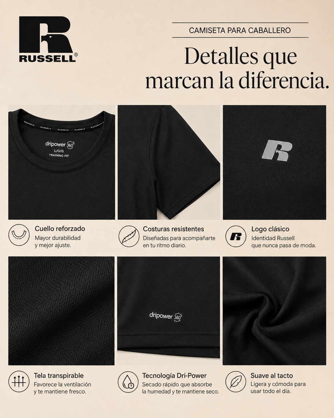 Camisa Deportiva Manga Corta para Caballero | Russell | Negro