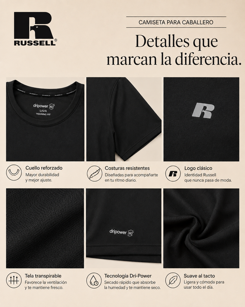 Camisa Deportiva Manga Corta para Caballero | Russell | Negro