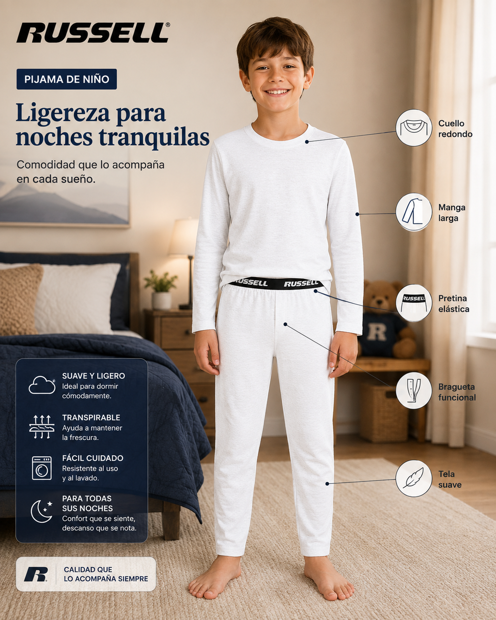 Pijama Manga Larga para Niño | Russell | Blanco