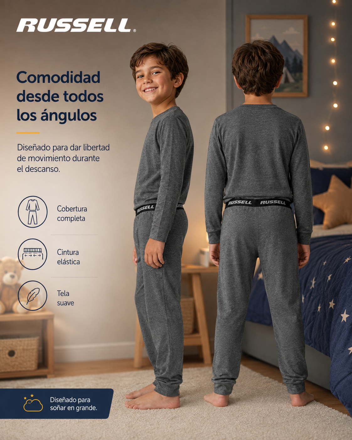 Pijama Manga Larga para Niño | Russell | Gris Oscuro