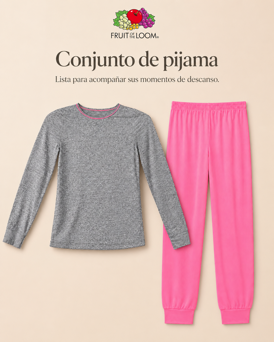 Pijama Manga Larga para Niña | Fruit of the Loom | Gris Jaspeado-Rosa Coral