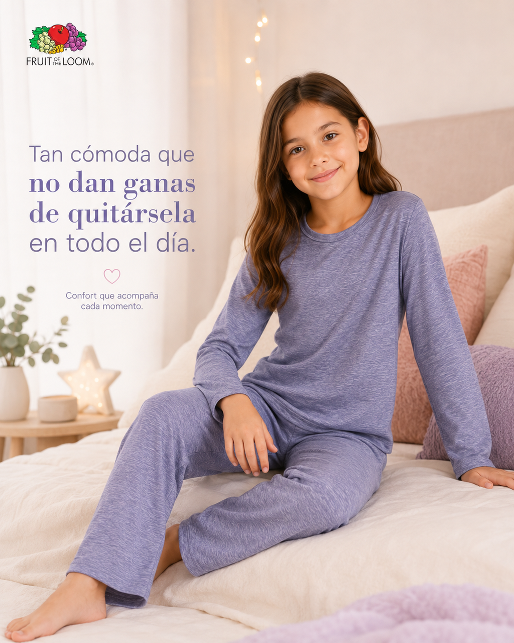 Pijama Manga Larga para Niña | Fruit of the Loom | Lila Grisáceo