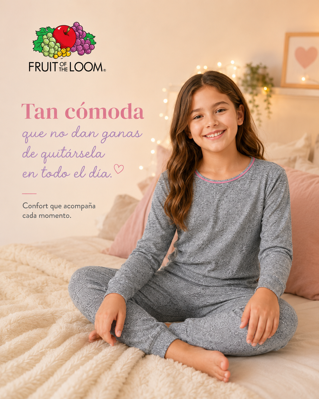 Pijama Manga Larga para Niña | Fruit of the Loom | Gris Jaspeado