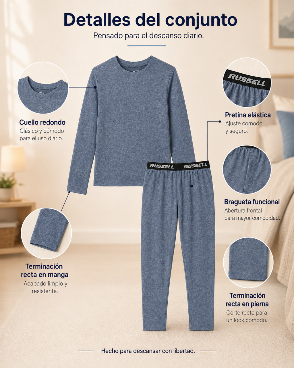 Pijama Manga Larga para Niño | Russell | Azul Jaspeado