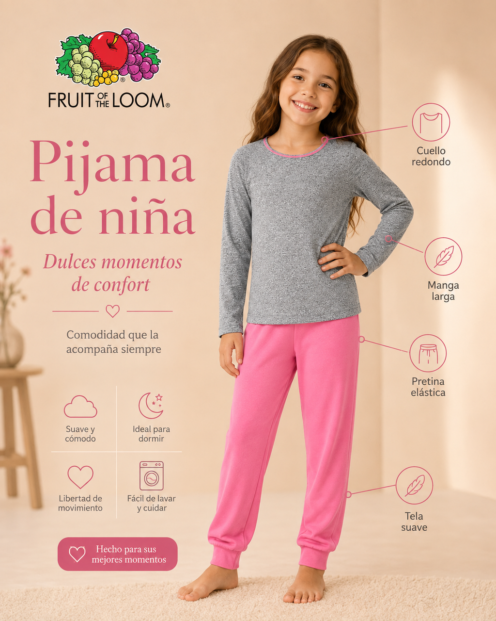 Pijama Manga Larga para Niña | Fruit of the Loom | Gris Jaspeado-Rosa Coral